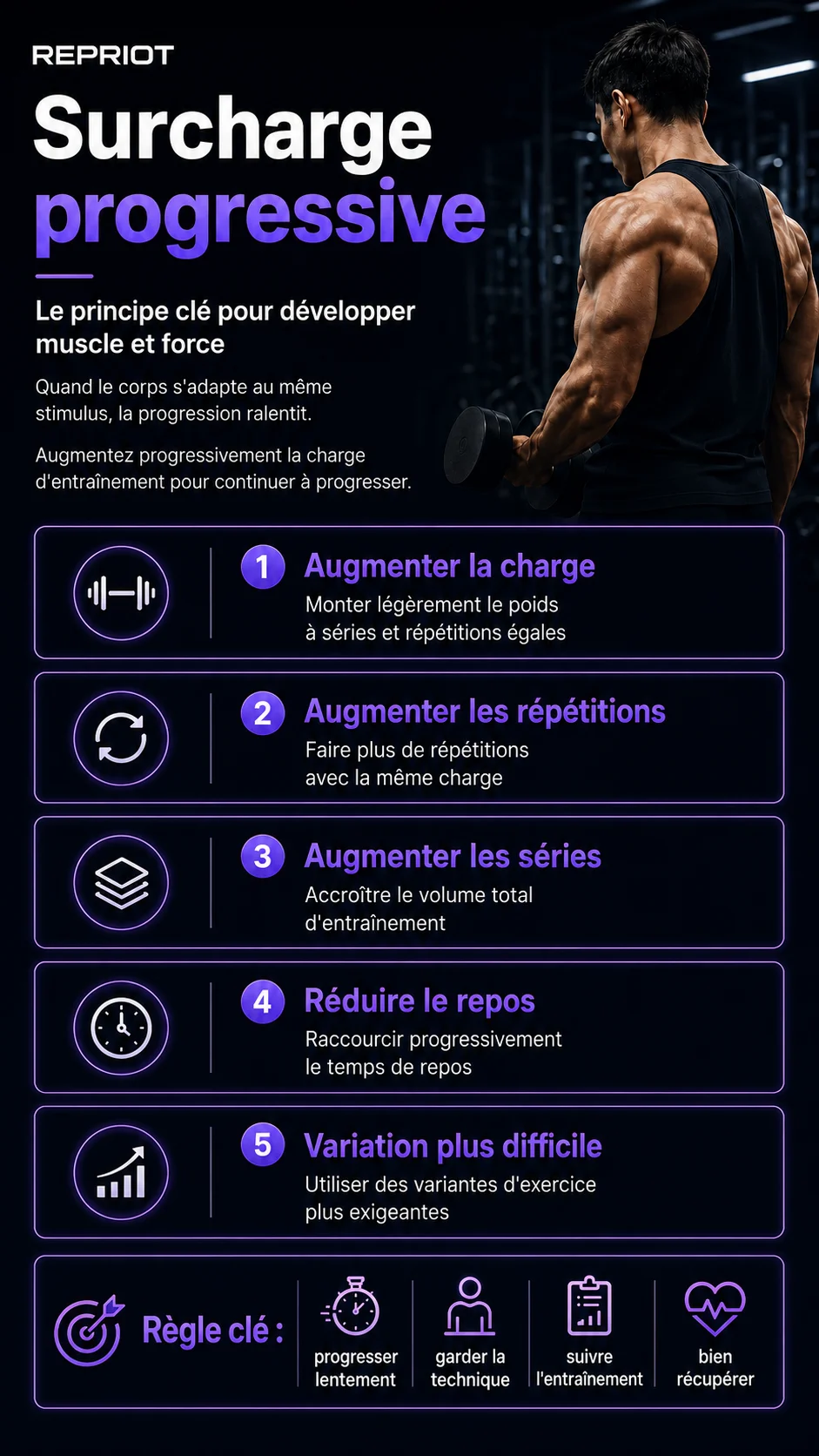 Qu'est-ce que la surcharge progressive ? Infographie sur l'augmentation de la charge, des répétitions et des séries pour la croissance musculaire