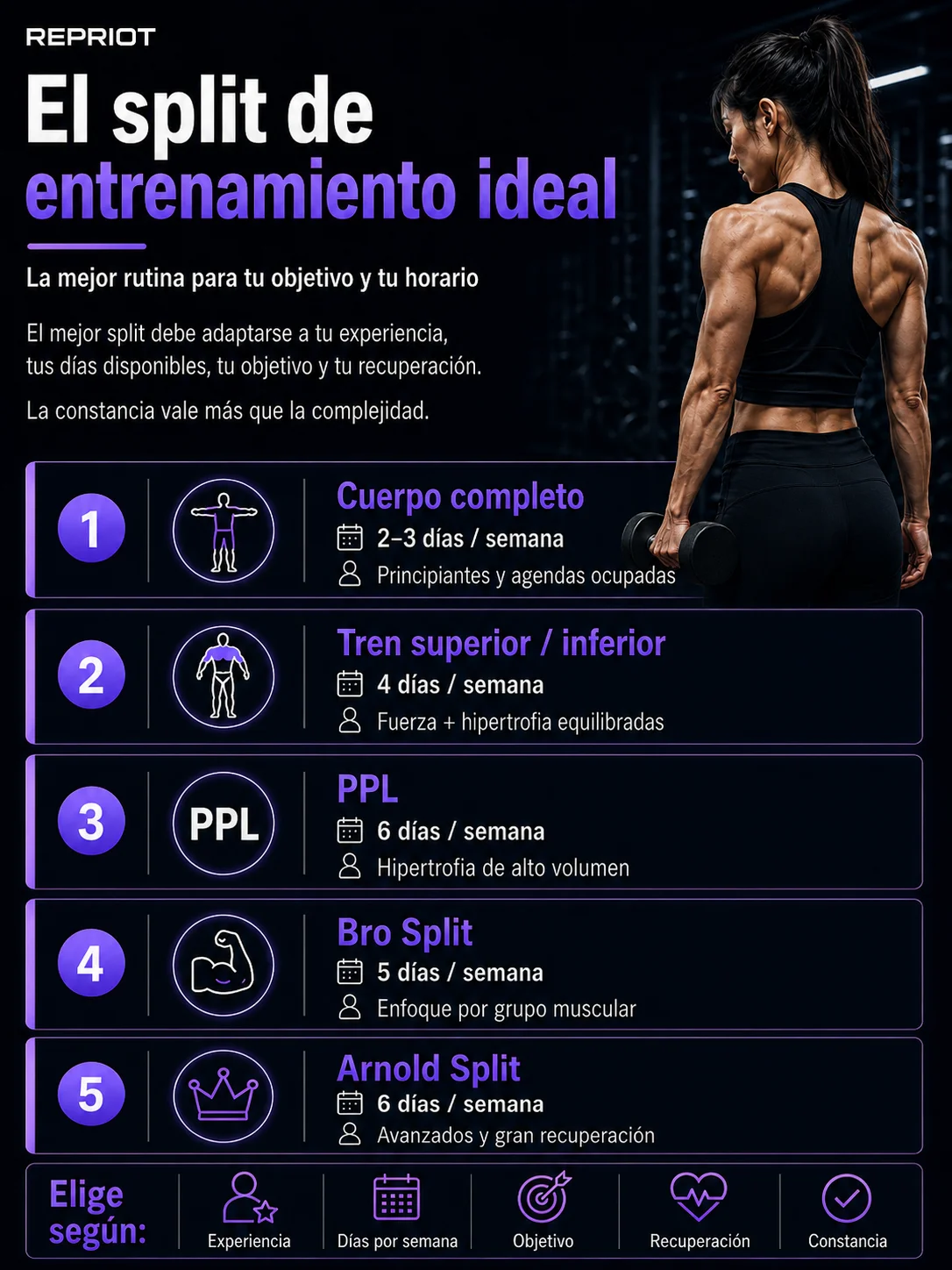Cómo elegir la rutina de entrenamiento ideal — infografía comparando Cuerpo completo, Tren superior/inferior, PPL, Bro Split y Arnold Split