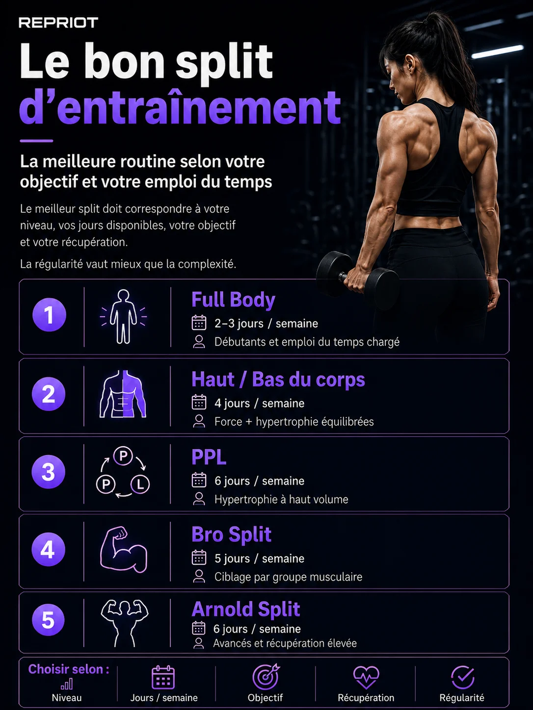 Choisir le bon split d'entraînement — infographie comparant Full Body, Haut/Bas du corps, PPL, Bro Split et Arnold Split